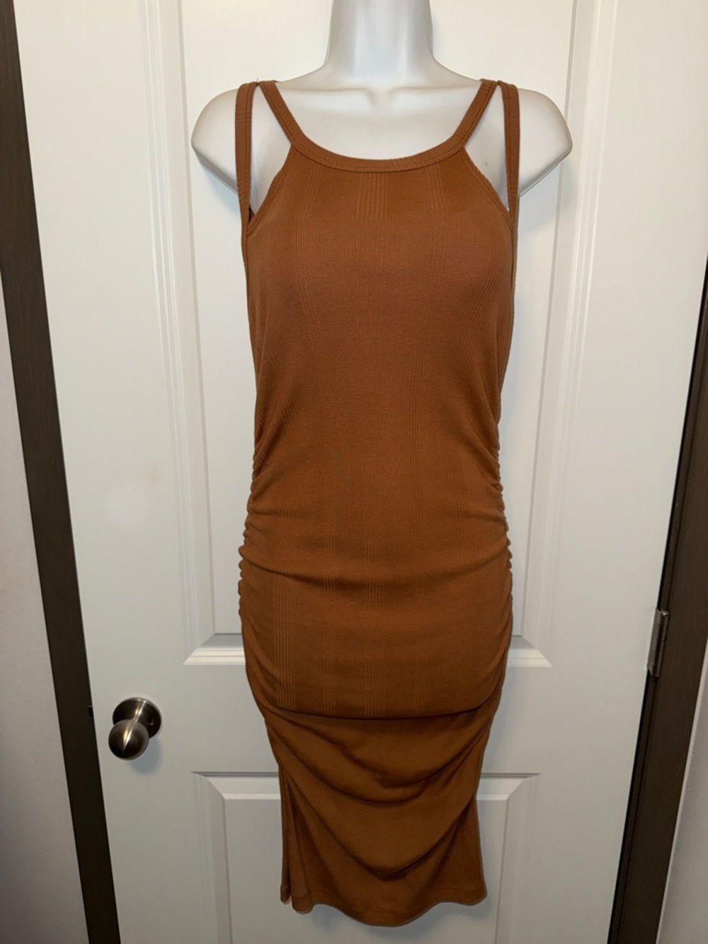 BUCKETLIST Double-Strap Midi Dress in Rust Brown